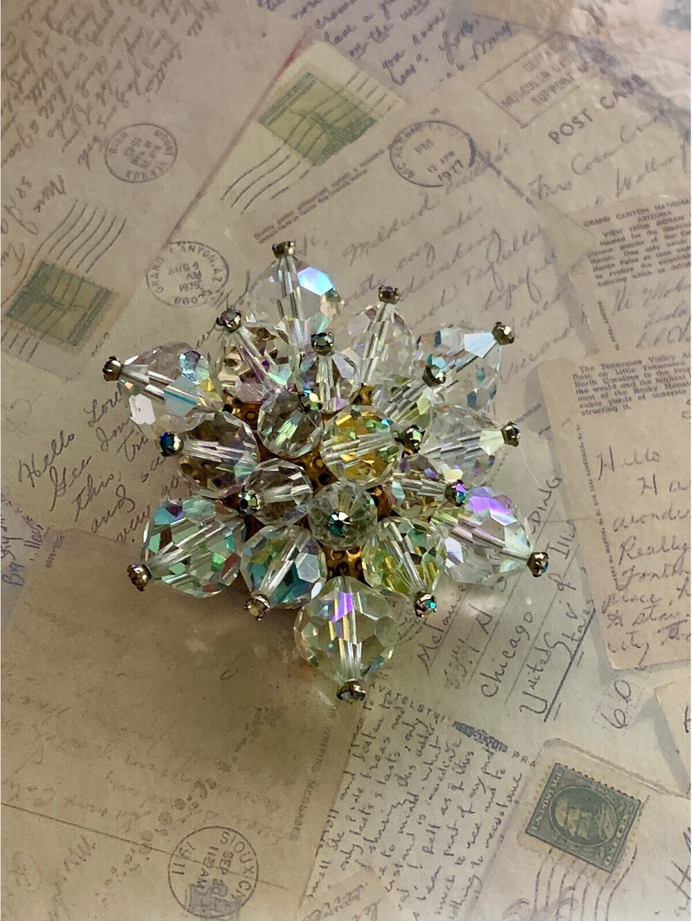 Vintage Super Sparkly Aurora Crystal Cluster Brooch Pin - Dazzling Jewelry